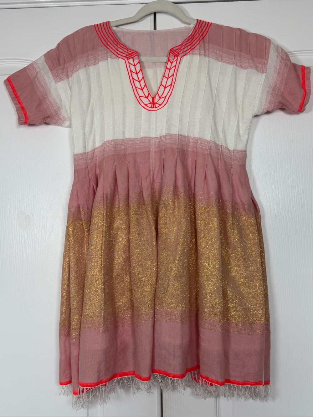 Lemlem Short Caftan Mini Dress Pink Gold Metallic Stripe Red Embroidery VGUC